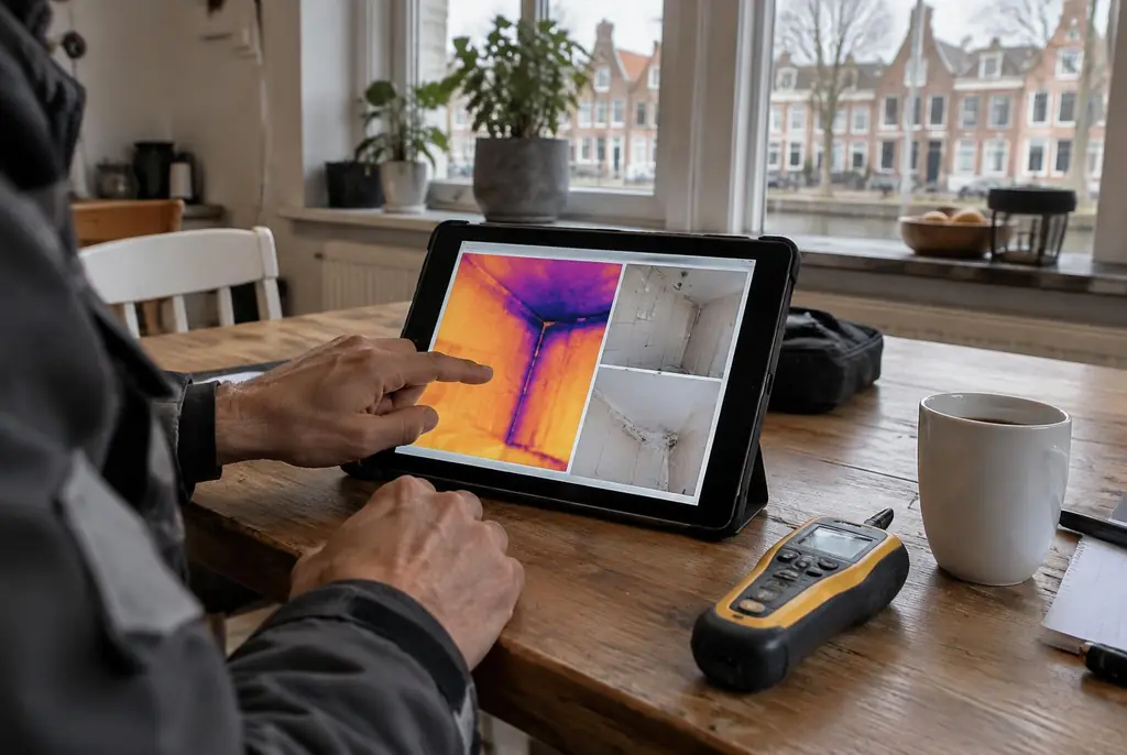 Lekdetectie Maartensdijk – lekdetectierapport met warmtebeelden en foto's op een tablet