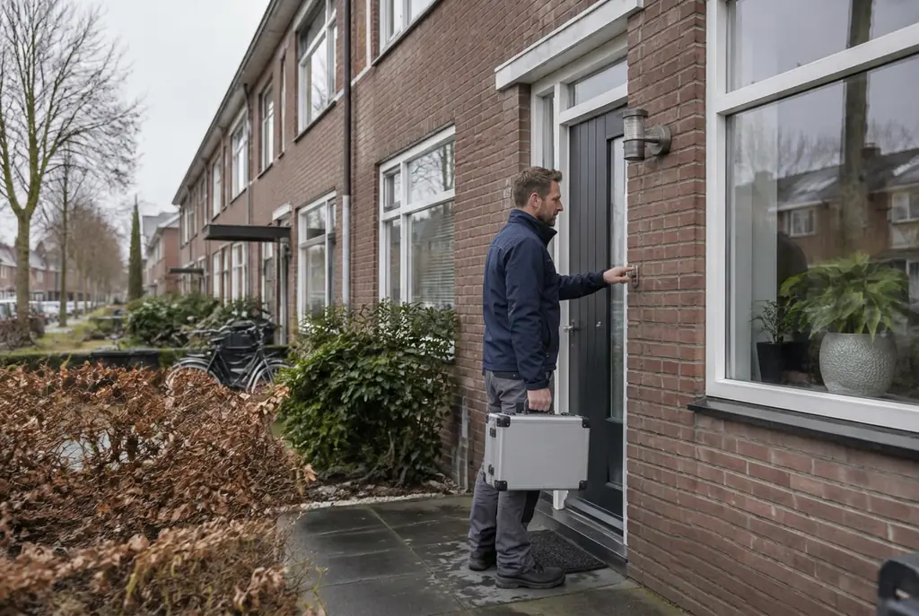 Lekdetectiespecialist met meetkoffer bij de voordeur van een woning in Maartensdijk